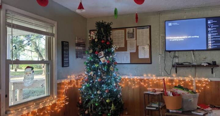 Group home living room decorated for Christmas