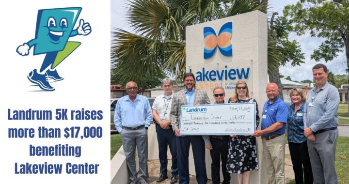 Landrum joined Lakeview Center leaders to present a generous donation of $17,297, raised during the 2024 Landrum 5K.