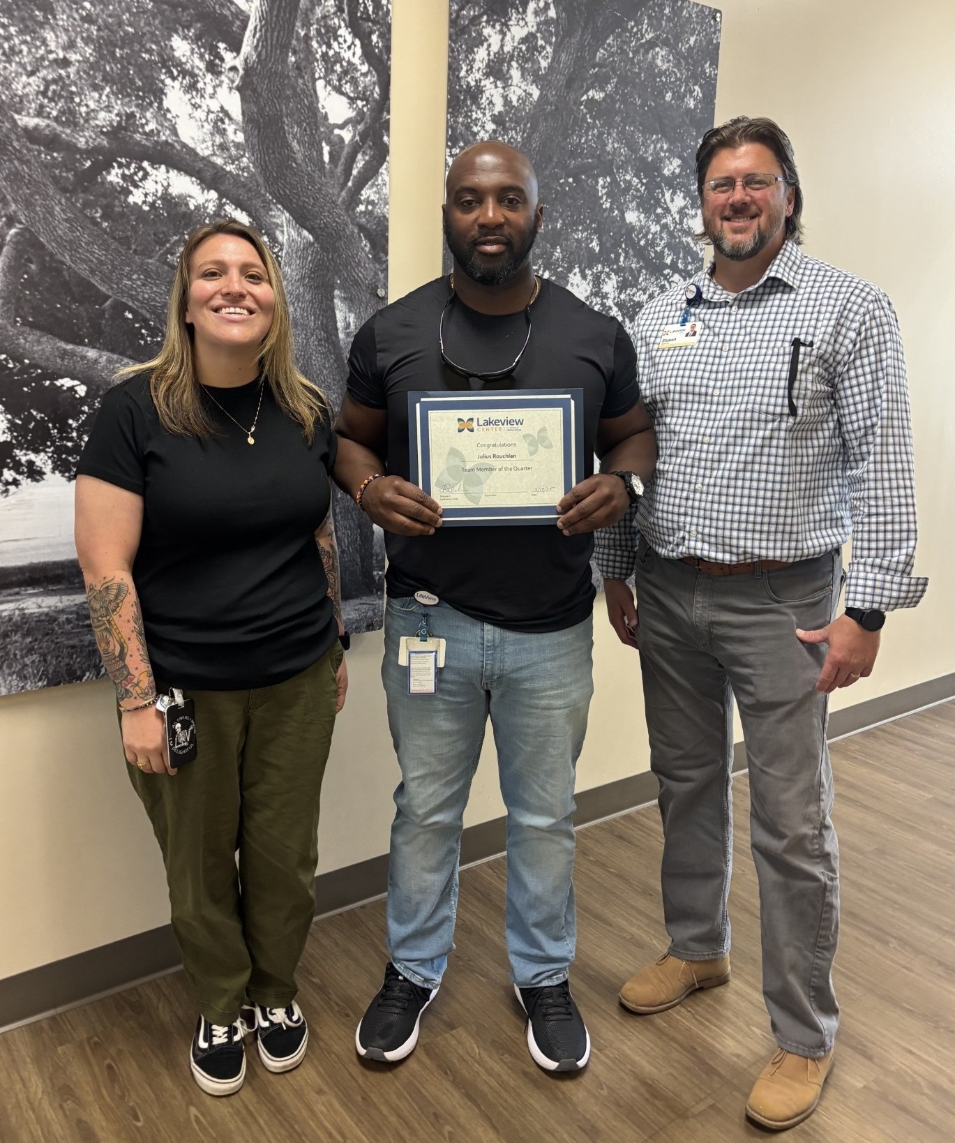 headshot of CAT Program Manager Hailey Vascik, Therapeutic Mentor Supervisor
Julius Roulhac and President of Lakeview Center Shawn Salamida.